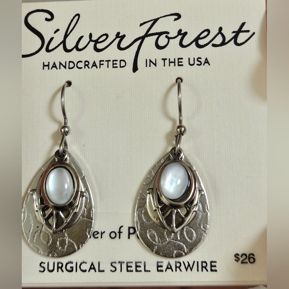 Silver Forest Earrings Silver White Stone Filigree on Teardrop Mother Of Pearl